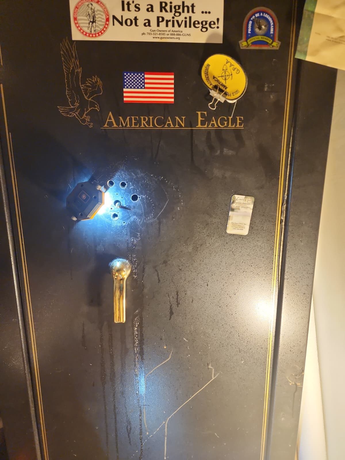 American Eagle gun safe — Armor Lock & Safe drilling work, last-resort method with owner authorization