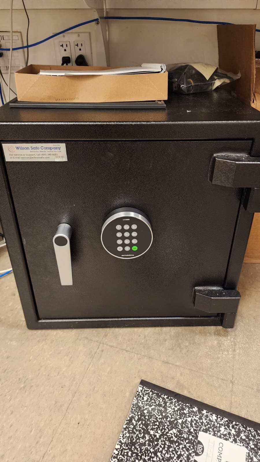 Commercial depository drop safe with LaGard electronic keypad — serviced under standing contract.